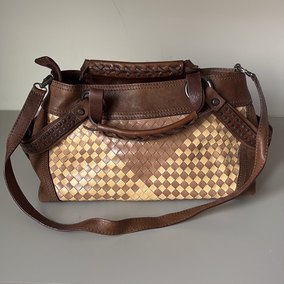 Francesco Biasia  Brown and Tan Woven Leather Shoulder Bag Purse - Picture 1 of 14